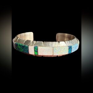 Steve Francisco Navajo Sterling Silver Opal Inlay Cuff Bracelet Handmade 6.5”